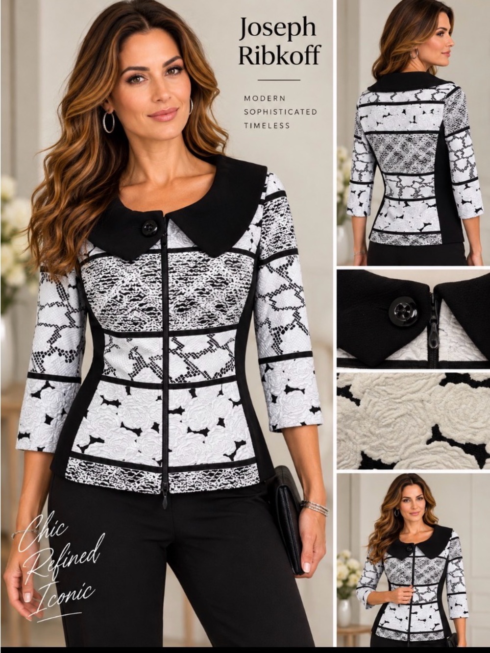 Joseph Ribkoff Black and White Patterned Button collar zip up Jacket